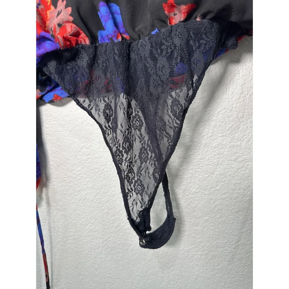 Intimately Free People‎ Floral Cold Shoulder Bodysuit Black Blue Lace SP